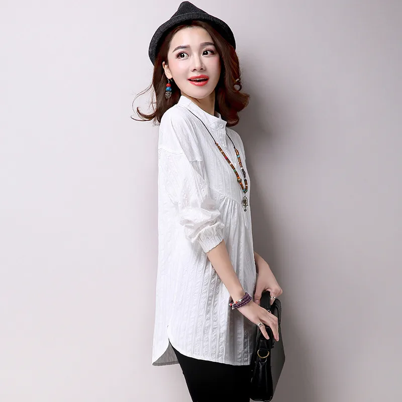 2019 Spring Autumn Women White Blouse Tops Casual Solid Cotton Linen Shirts Female Long Sleeve Shirt Blusas Plus Size 2XL AB1357