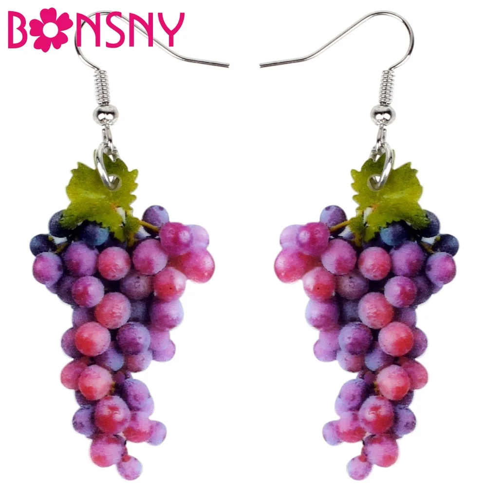 Bonsny Acrylic Sweet A Bunch Of Grape Earrings Big Long Dangle Drop Fashion Tropic Fruit Jewelry For Women Girls Ladies Summer