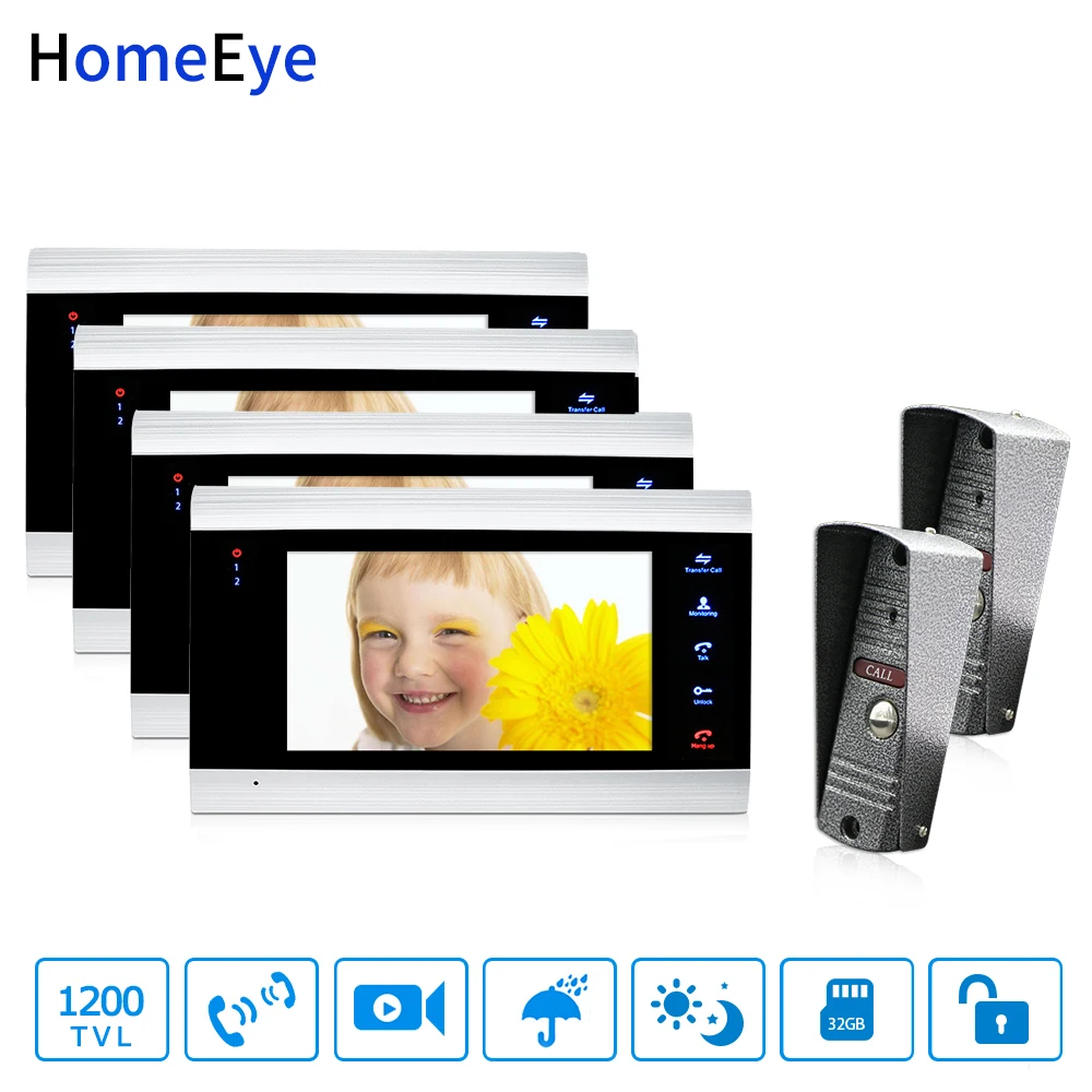 

HomeEye 7'' Video Door Phone Intercom Door Bell 2-4 Access Control System Motion Detection Multi-languages OSD Menu Video Record