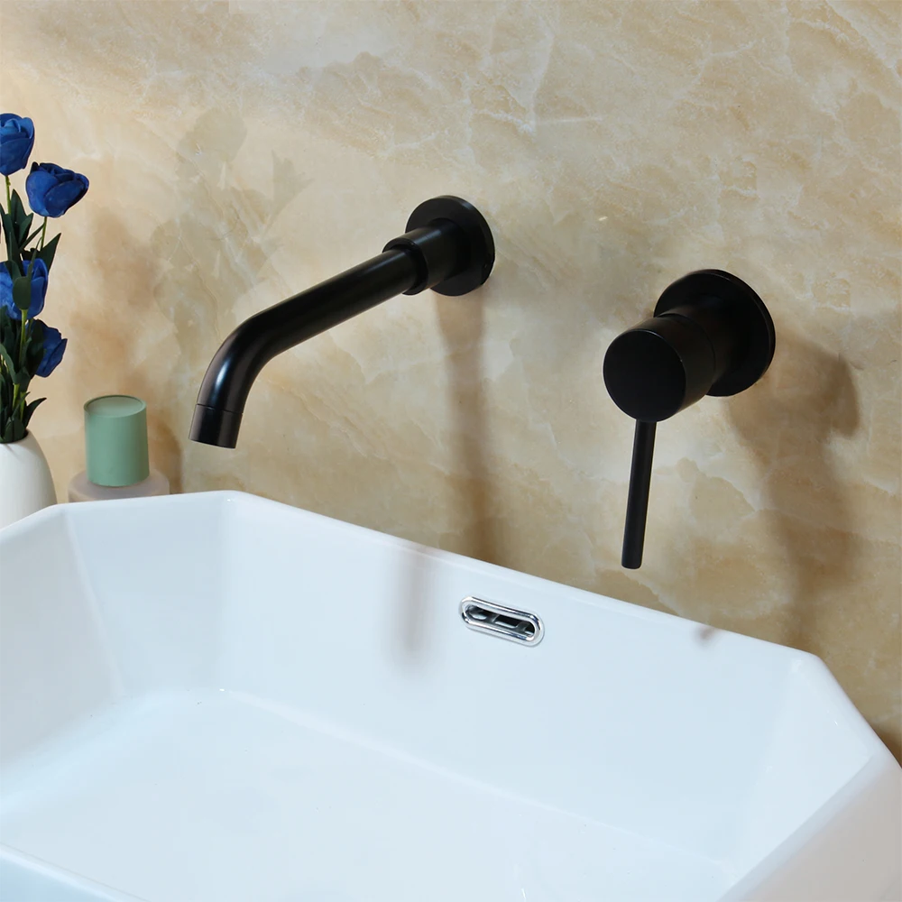 KEMAIDI Modern Brass Wall Basin Mixer Tap Bathroom Sink Faucet Swivel Spout Bath With Single Lever In Matt Black Burnished