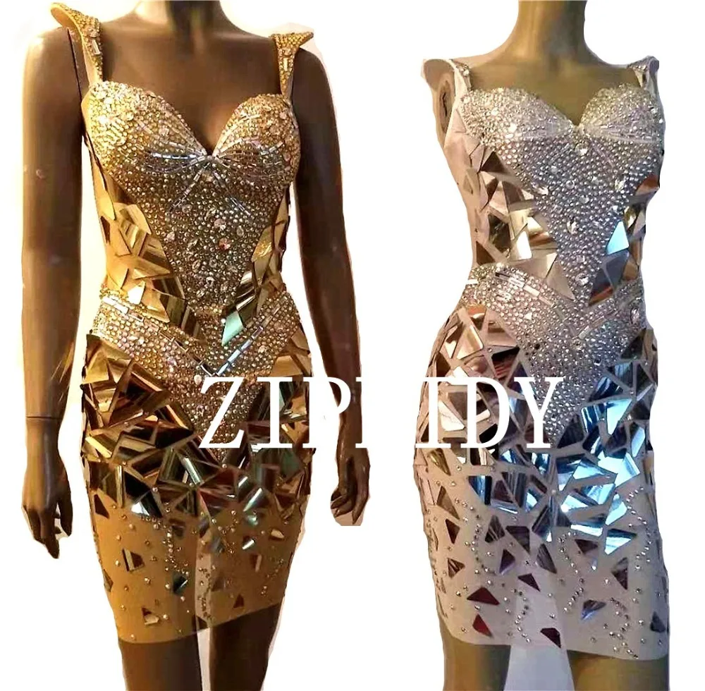 

3 Colors Sparkly Silver Gold Sequins Crystals Dress Women Birthday Celebrate Dresses Costume Prom Shining Mirrors Evening Outfit