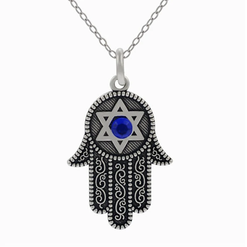 OneckOha Vintage Antique Silver Plated Buddaha Hand Fatima Hand Pendant Israel Flag Hamsa Necklace