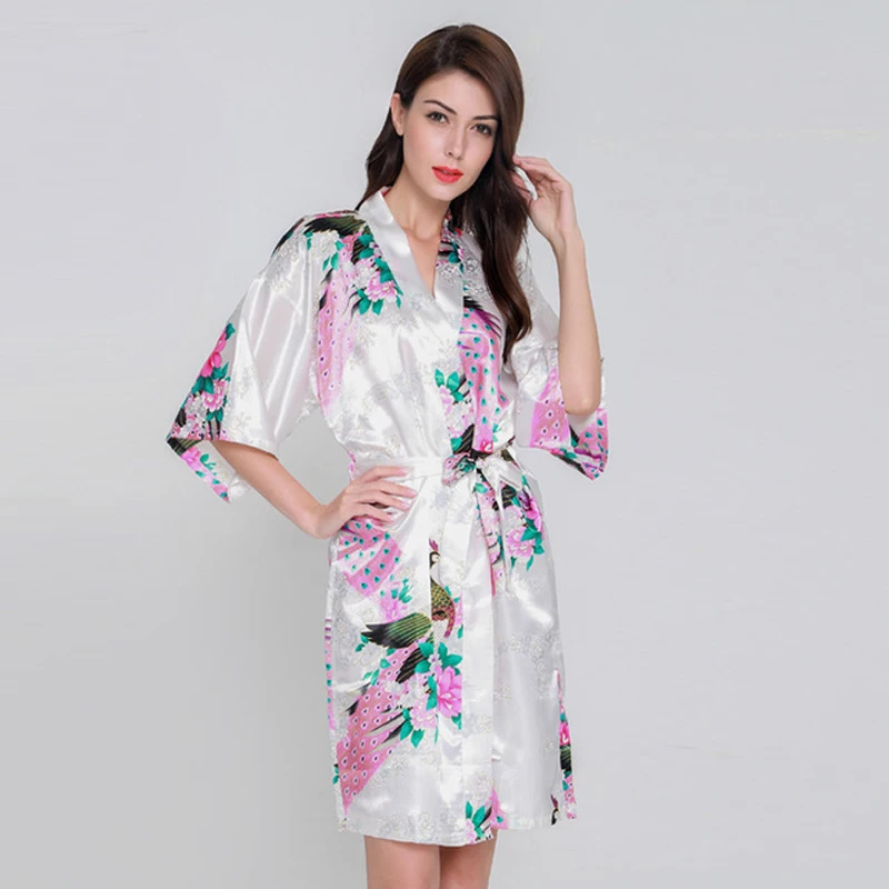 Brand White Female Printed Floral Kimono Robe Dress Gown Sexy Bride Wedding Robe Casual Women Dressing Gown Bathrobe Sleeprobe