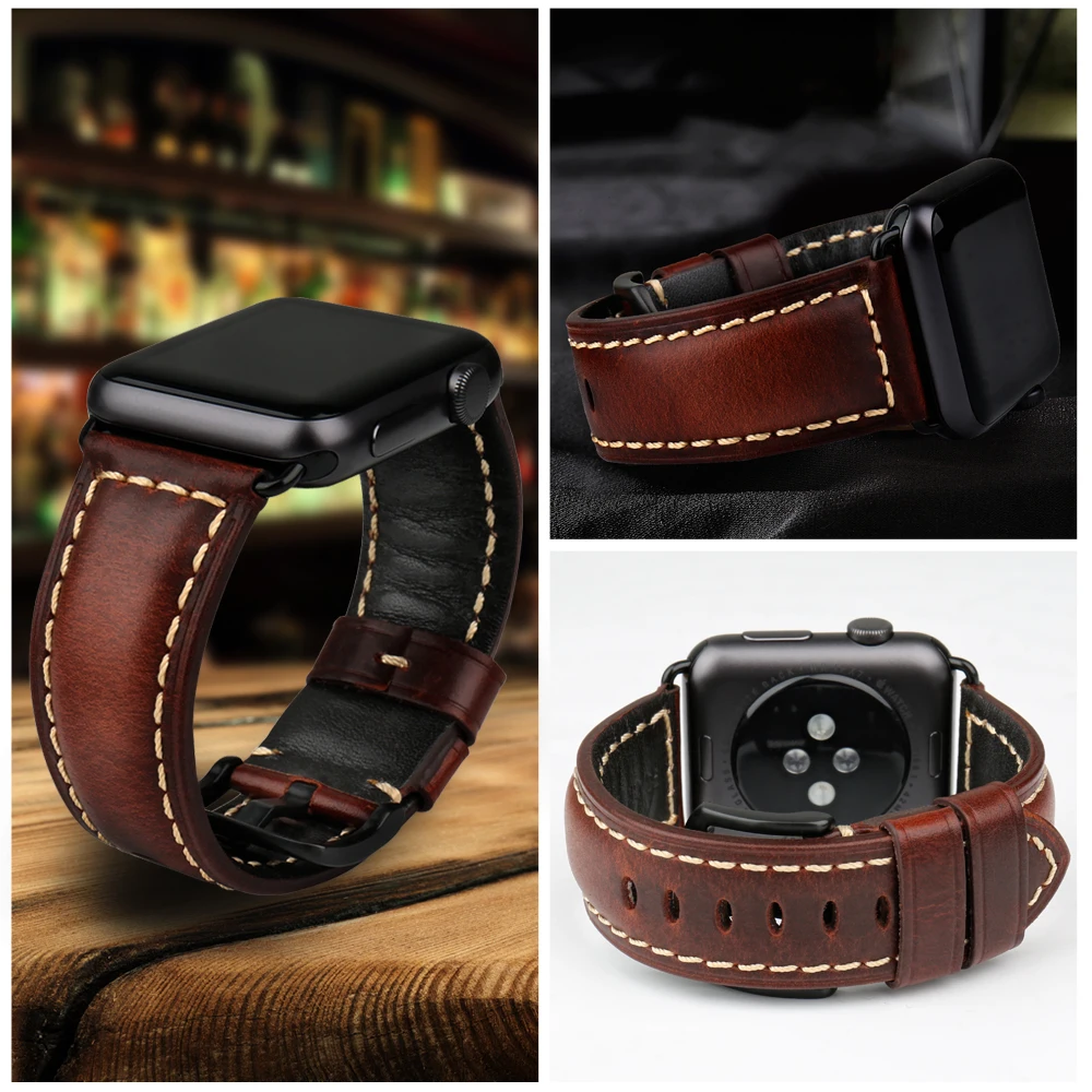 MAIKES Genuine Leather Watchband For Apple Watch Strap 45mm 41mm 42mm 44mm 40mm Series 7 6 SE 5 4 3 iWatch Watch Band