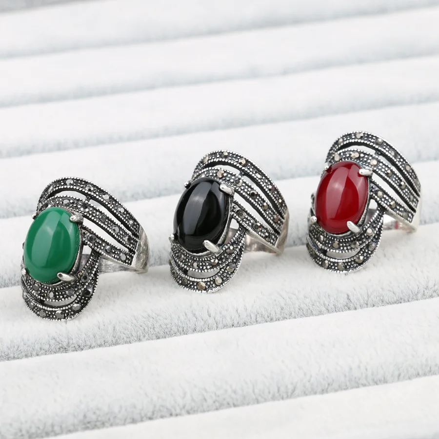 Vintage Black Crystal Opals Rings Women Retro silver color jewelry Ring punk Bijoux anel masculino bague femme Bulgaria rings