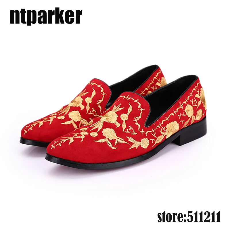 

ntparker Summer Men Suede Loafers Party Shoes Europe Style Red Flower Embroidered Leather Casual Men Shoes Slip on, EU38-46!