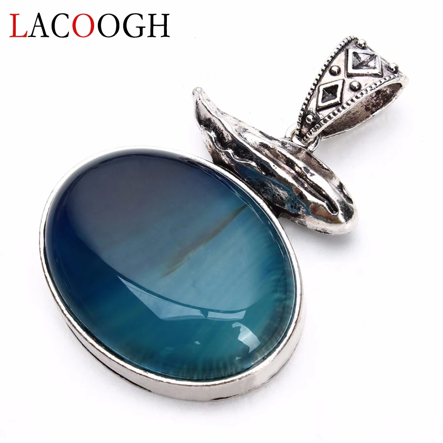 Lacoogh Wholesale Retro Blue Striped Natural Stone Antique 42*61mm Necklaces Pendants for Women Men DIY Crafts Jewelry Findings