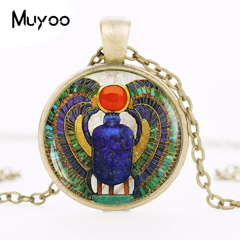 Wholesale 27MM Round Glass Dome Egyptian Scarab Pendant Choker Necklace , Ancient Egypt Jewelry, Egypt Necklace HZ1