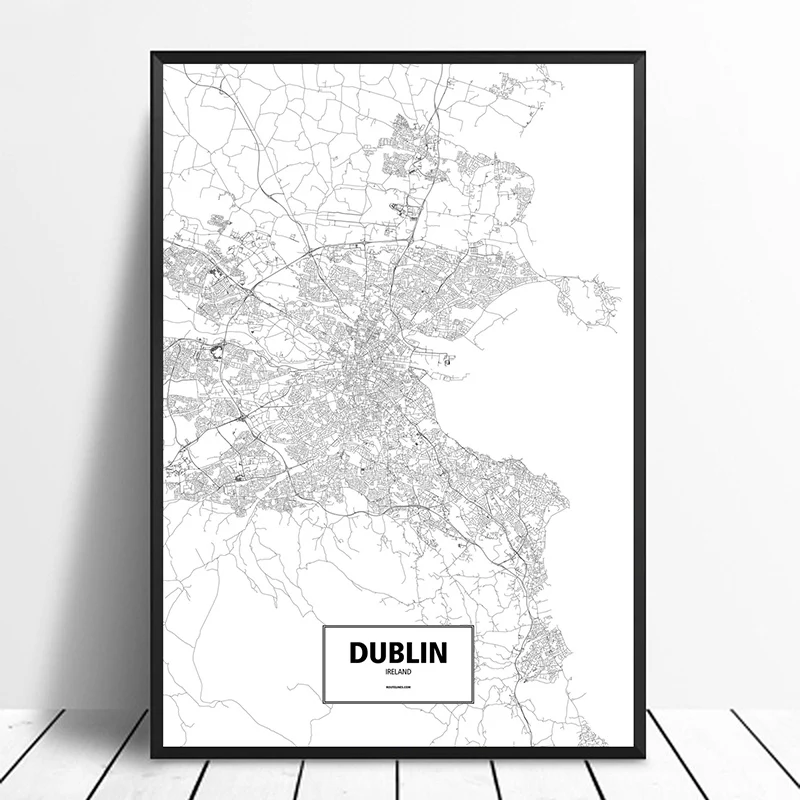 Dublin, Ireland Black White Custom World City Map Poster Canvas Print Nordic Style Wall Art Home Decor