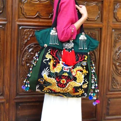 High quality Women's bag Green canvas shoulder bag Embroidery Ethnic bags DIY handmade beaded large designer women handbags