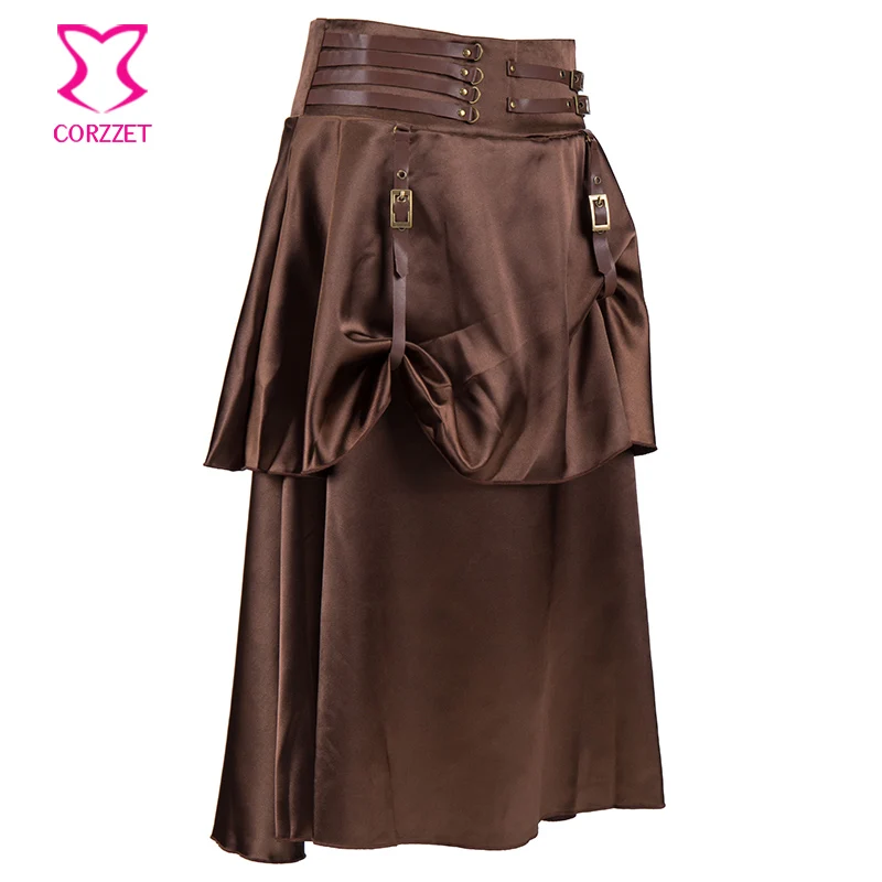 Corzzet  Vintage Brown 2 Layer Satin Steampunk Skirt Victorian Gothic Low Waist Skirts Women Costume