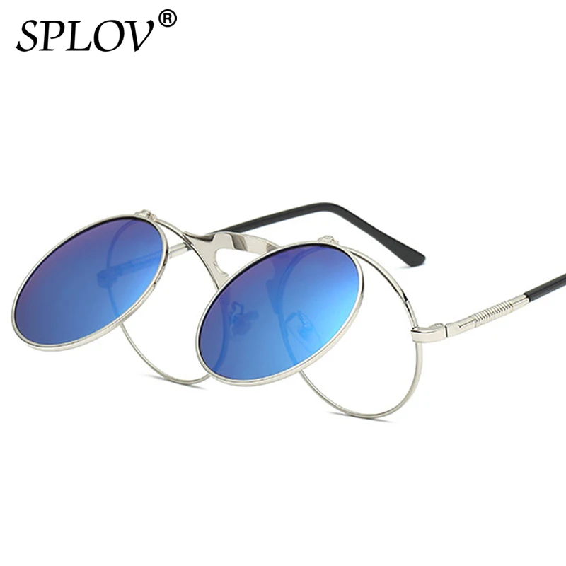 SPLOV Vintage Steampunk Flip Up Men Sunglasses Women Retro Round Metal Frame Sun Glasses Hinge Design Curved Glasses Legs UV400
