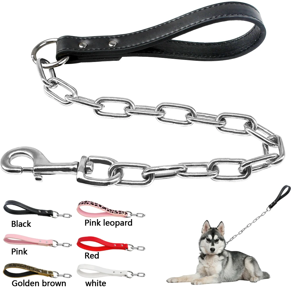 Durable Dog Chain Leash Small Large Dogs Walking Lead Rope Collar Harness Leashes With Leather Handle Golden Color Pet Supplies