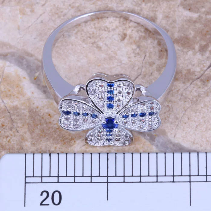 Blue Cubic Zirconia White CZ Silver Plated Four-leaf Clover Ring Size 6 / 7 / 8 / 9 E525