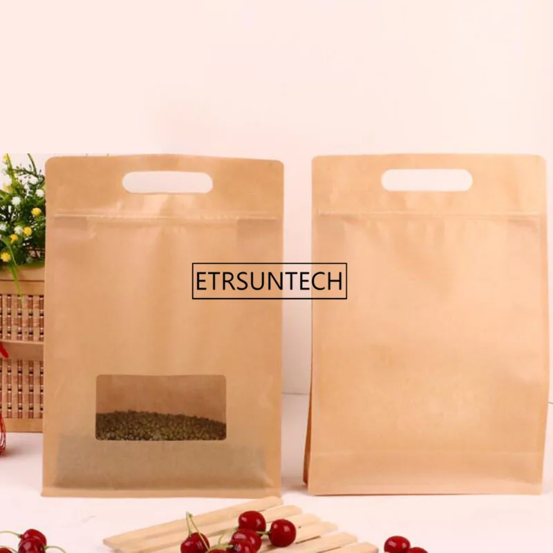 

Kraft Paper Clear Window Bag Food Packaging Bags Tea Nut Snack Sealed Large Pouch Package with Handle