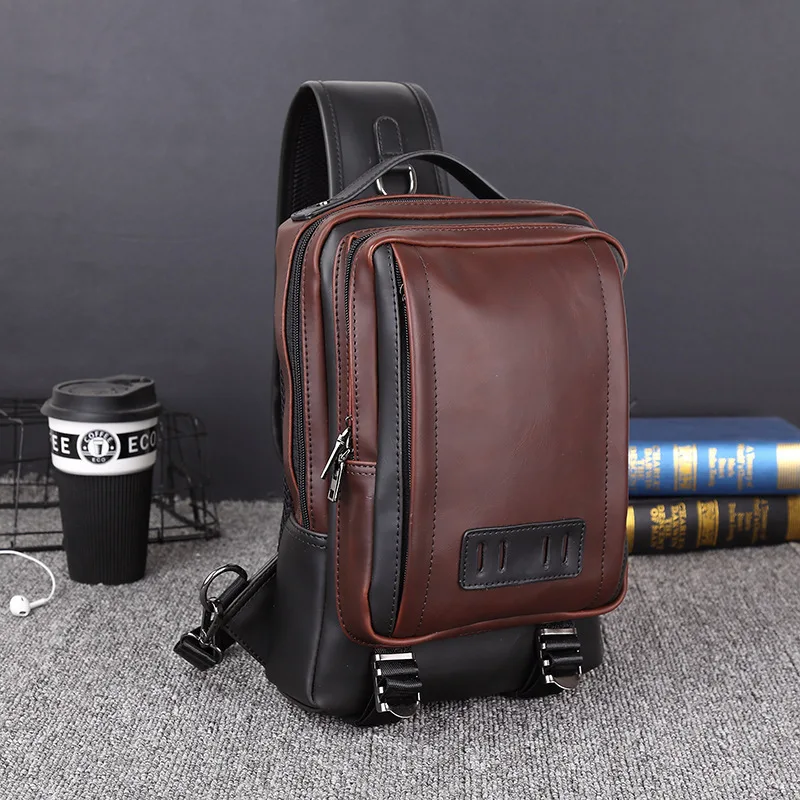 Leather Mens Chest Pack Sling Bag Single Shoulder Bag Large Capacity Handbag Male Messenger Chest Bag Bolsas Masculina Coffee