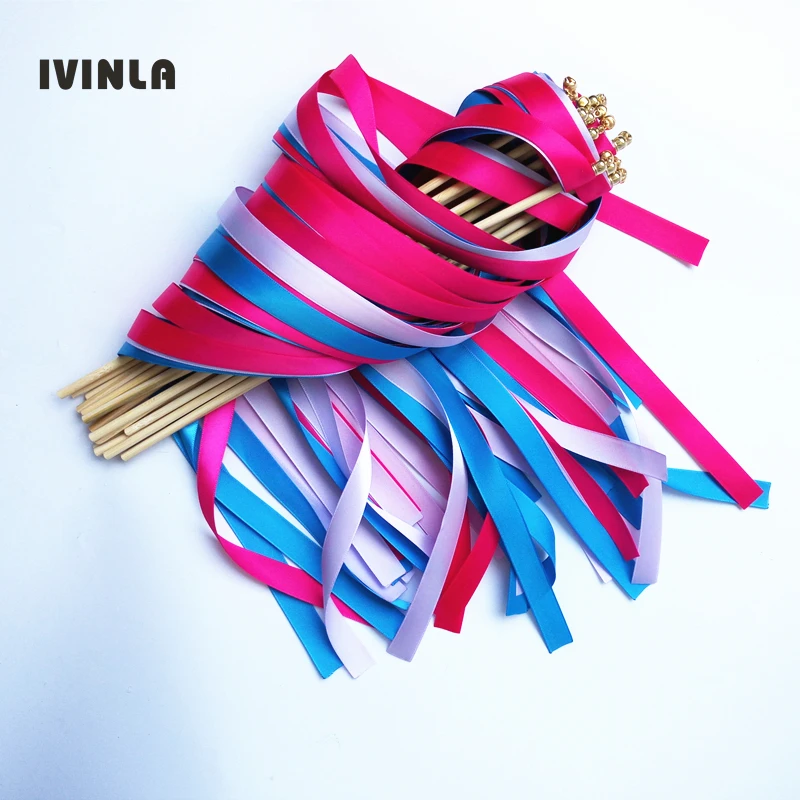 50pcs/lot fushia pink blue ribbon wands with gold bell for wedding decoration