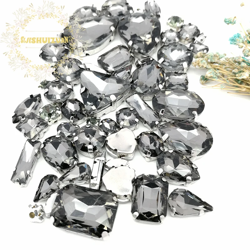 58pcs 10shapes 25sizes Mix Gray shape and sizes Glass Crystal rhinestones silvery bottom DIY Clothing accessories