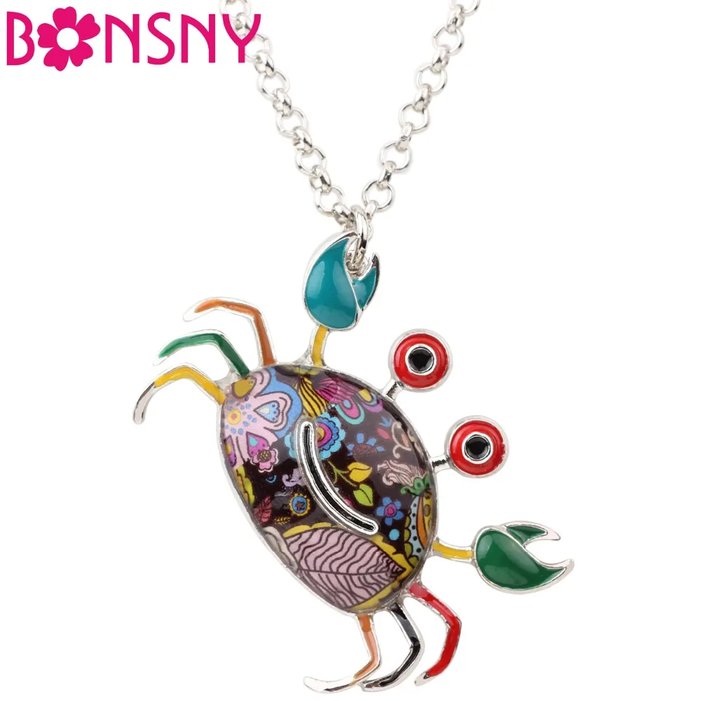 Bonsny Statement Alloy Enamel Chain Cute Crab Necklace Pendants Chain Collar Ocean Animal Jewelry For Women Girl Accessories