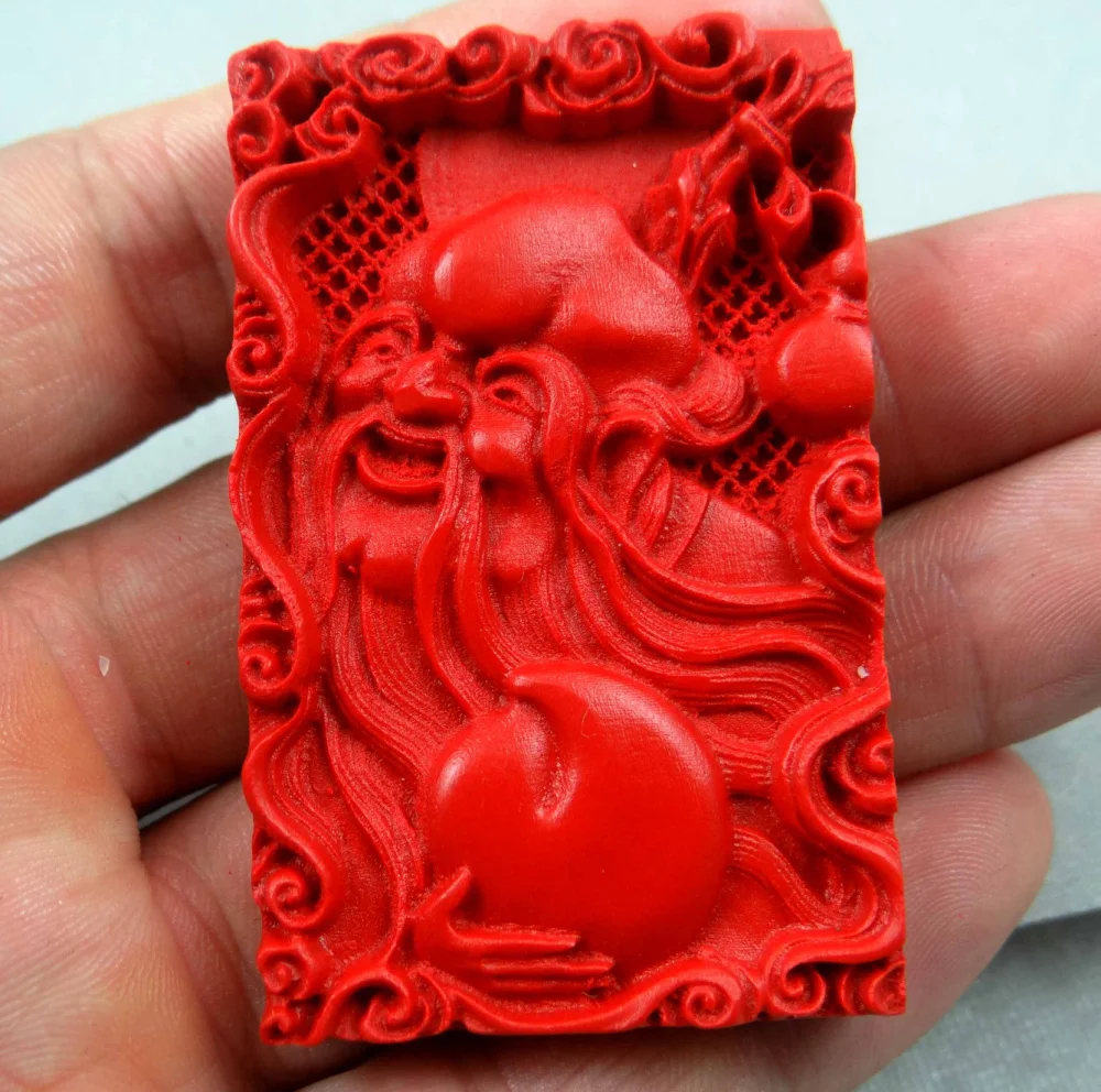 58*37MM Free shipping Chinese Red Organic Cinnabar pendant necklace Longevity hand-carve