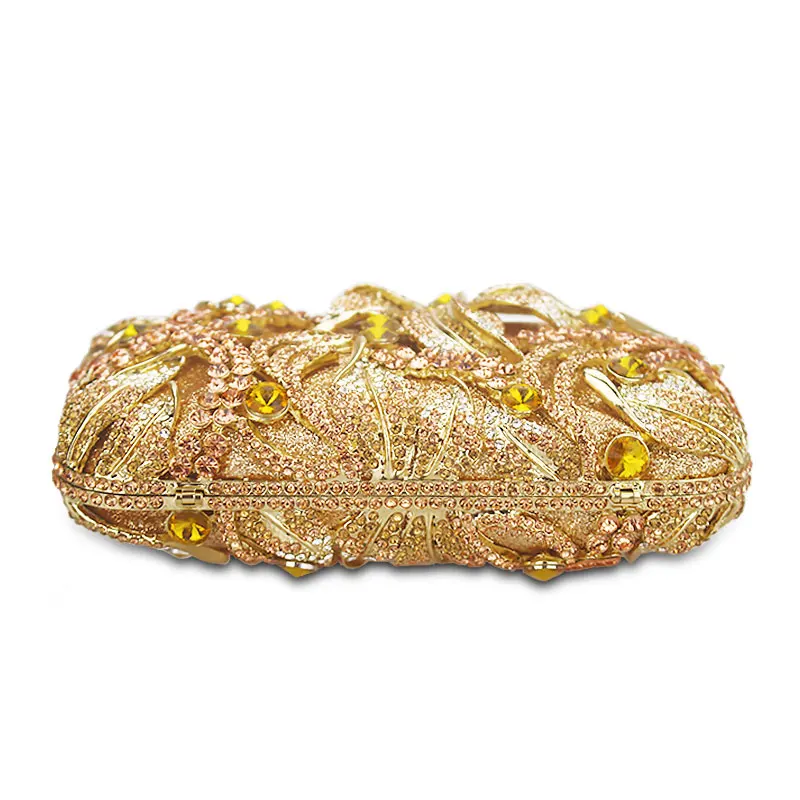 Luxury Golden Rose  yellow Flower Party Purse Women Wedding Bridal Handbag Pouch Soiree Pochette Bag Crystal Clutch Evening Bag image 4
