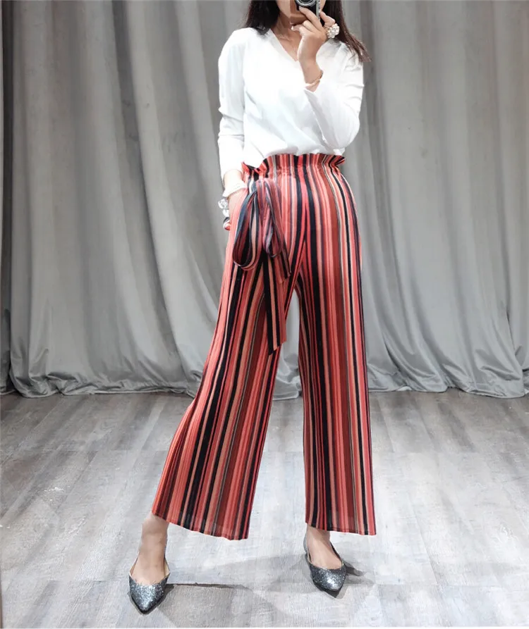 HOT SELLING Miyake The new stripes wide-legged pants female trousers loose open fork chiffon  pleated pants IN STOCK