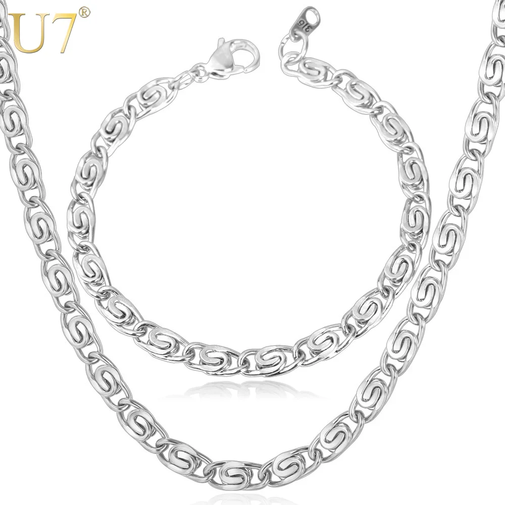 U7 Trendy 316L Stainless Steel Jewelry Set Fashion 6MM Wide Snail Chain Necklace Sets Bracelet For Men Jewelry Wholesale S636