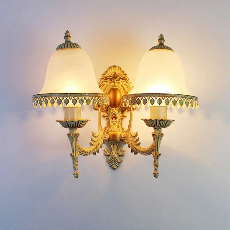 European Vintage Carved Wall Sconce Luxury Hand Painted Gold Trim 1 2 Lights Glass Sconce Bedside Lamp for Bedroom Corridor