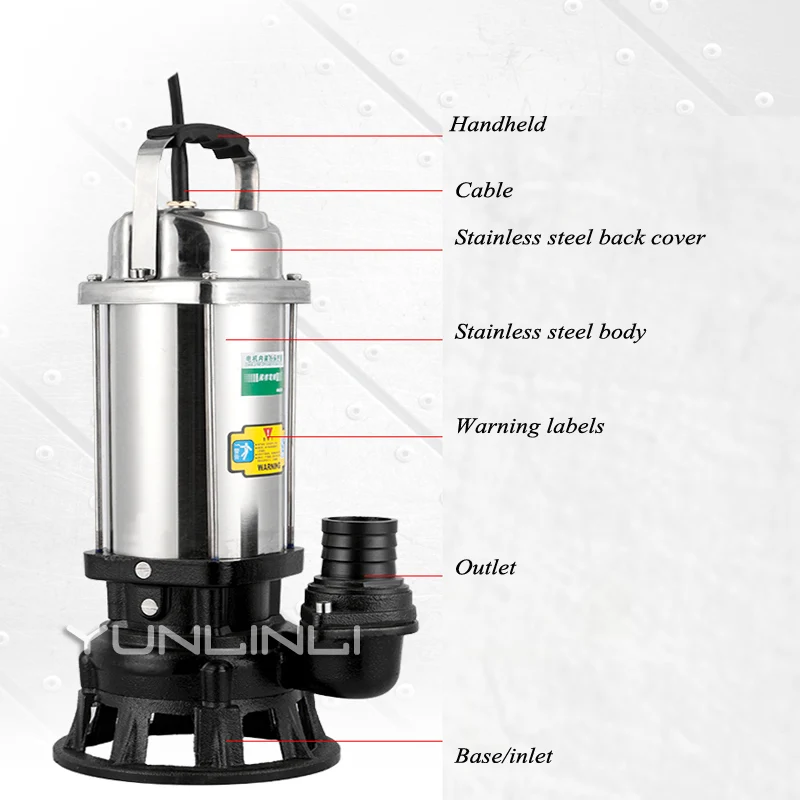 Bomba de aguas residuales de corte de acero inoxidable, tanque séptico automático para el hogar, bomba sumergible, WQDJ-10-8-0.75