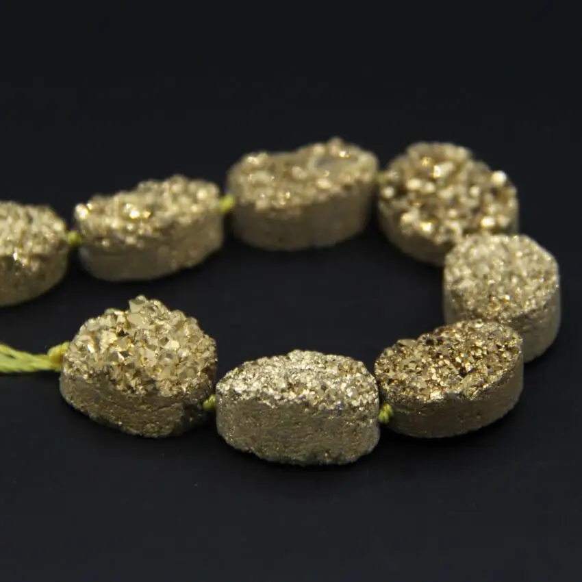 Approx11PCS/strand Natural Quartz Geode Drusy Oval Slab Nugget Beads,Gold Titanium Roug Agates Crystal Druzy Slice Pendant