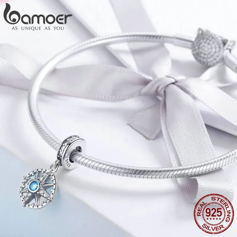 BAMOER 925 Sterling Silver Sparkling Nautical Compass Star Clear CZ Pendant Charms Fit Bracelets & Necklaces DIY Jewelry SCC847