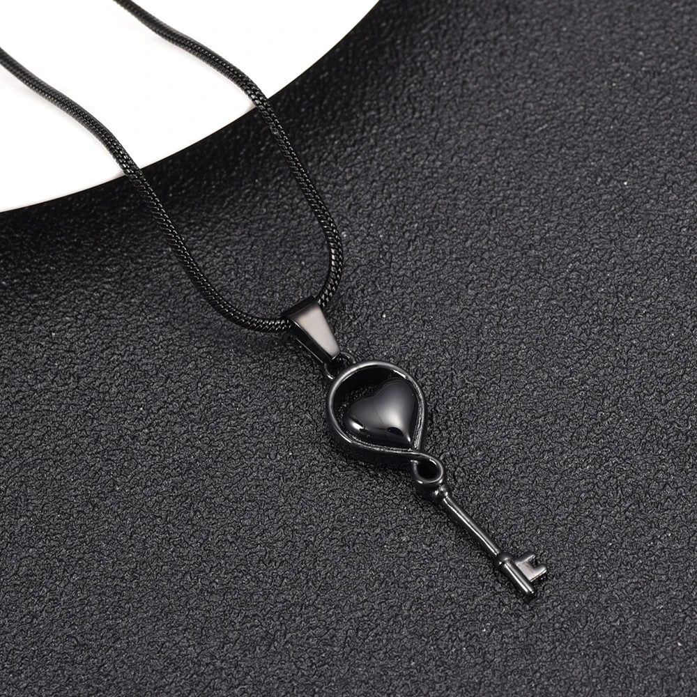 IJD11526 Black Stainless Steel Key Urn Cremation Jewellery Ashes Pendant Urn Necklace Keepsake for Memory,Free Plastic Funnel