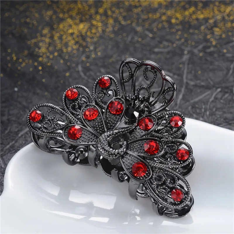 Vivid Peacock Hair Claws For Women Vintage Hair Jewelry Charm Big Rhinestone Crystal Crab Clip Wedding Hair Accessories Hairpin