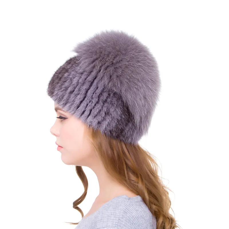 

Real Natural Mink Fur Hat Women Winter Knitting Stripes With Fox Fur Ball Warm Ear Protection Russia Hot Style