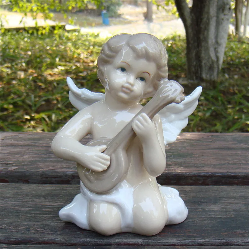 Cute Porcelain Music Angel Figurine Handmade Ceramics Angel Cupid Miniature Household Embellishment Decor Gift Craft Accessories