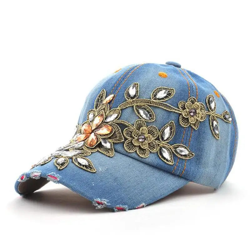 COKK Women\'s Baseball Cap Diamond Painting Embroidery Flower Denim Snapback Hats Jeans Woman Female Cap Cowboy Summer Sun Hat