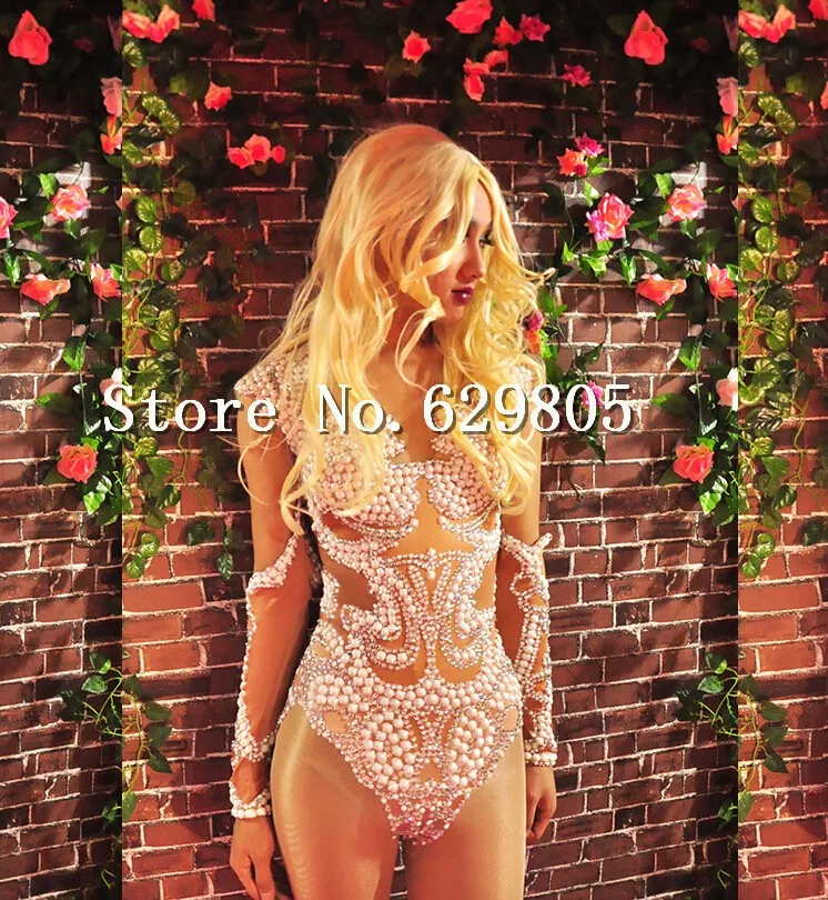 Sexy Ngọc Trai Dài Tay Áo Bodysuit Phụ Nữ của Trang Phục Chụp Ảnh Cơ Thể Khiêu Vũ phù hợp với Thanh Hộp Đêm Trang Phục Nữ Ca Sĩ Leotard Mặc