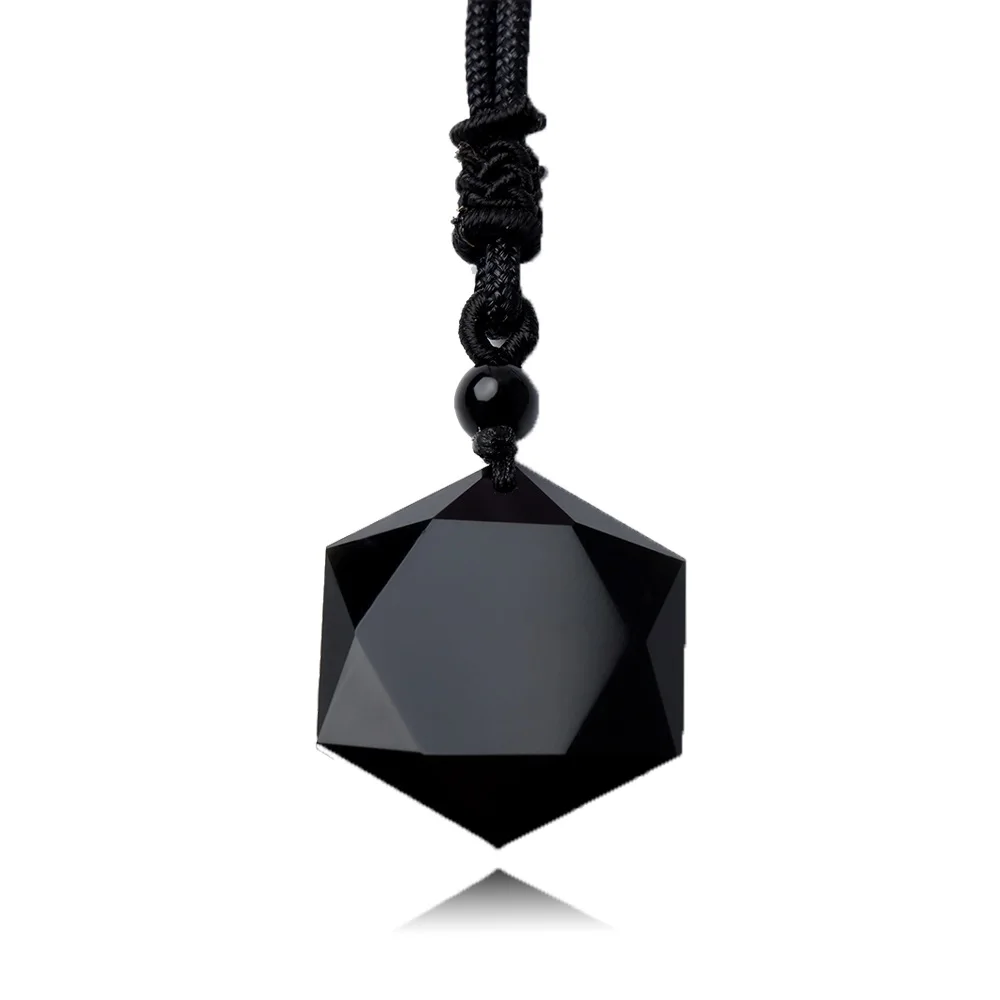 Collares con colgante de piedra Natural de obsidiana negra para hombres y mujeres, 1 piezas, hexagrama cúbico, collar de suéter, amuletos, joyería de talismanes