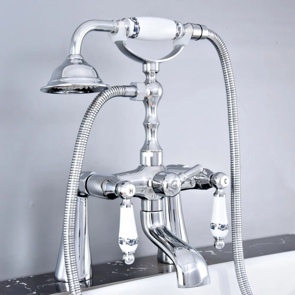 

Chrome Bathtub Shower Faucets Set Dual Handles Deck Mounted Bath Shower Set Swivel Tub Spout with Hand Shower Ktf767