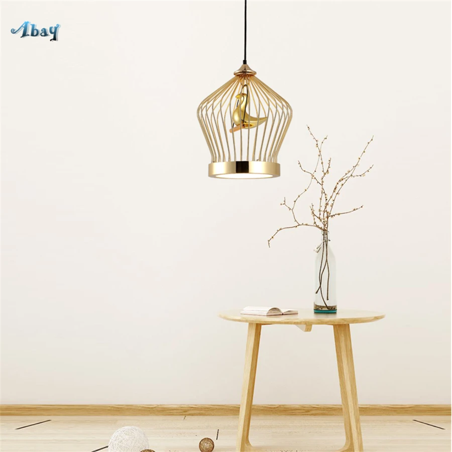 Nordic Modern Gold Cage Shape Pendant Lights for Dining Room Bedroom Living Room Iron Bird Hanging Lamp Light Fixture Acrylic