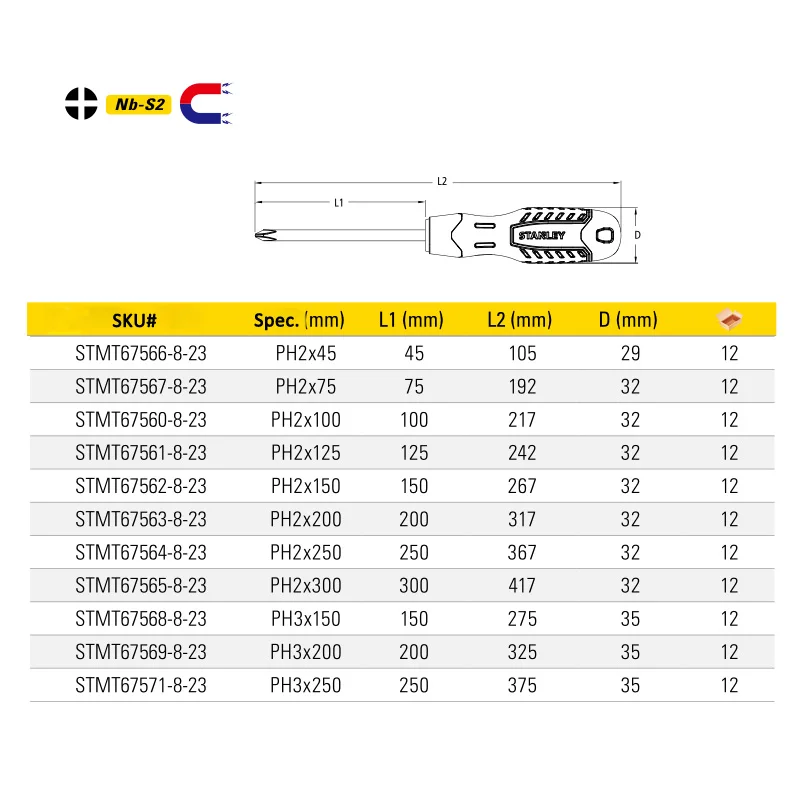 Stanley 1 sztuk PH1 PH2 PH3 stubby duży długi precyzyjne śrubokręt magnetyczny phillips 25mm 45mm 75mm 100mm 125mm 150mm 200mm do 300mm