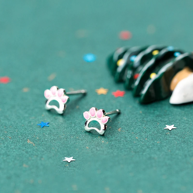 

MloveAcc Cute Pink Cat Paw 925 Sterling Silver Stud Earrings for Women Girls Small Studs Earrings Wholesale