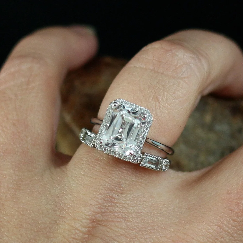 

4.0CT 10X8mm Moissanite Ring Set Emerald Excellent Cut Solarite with Accents, 1.0ctw Emerald Cut Moissanite Band For Women