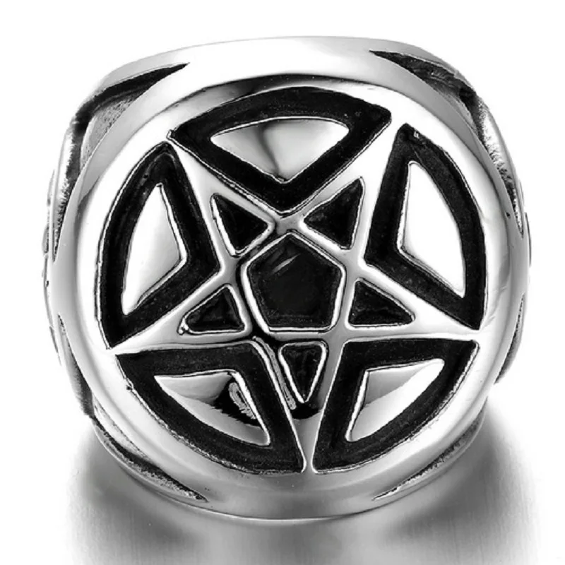 Men\'s Silver color Pentacle Pentagram Star Stainless Steel Biker Ring