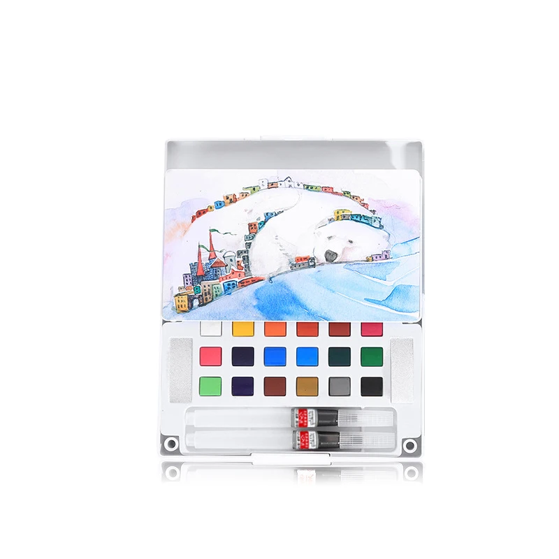 

18 color high quality solid transparent watercolor paint pigment art supplies suit send Portable running water pen 2 pcs
