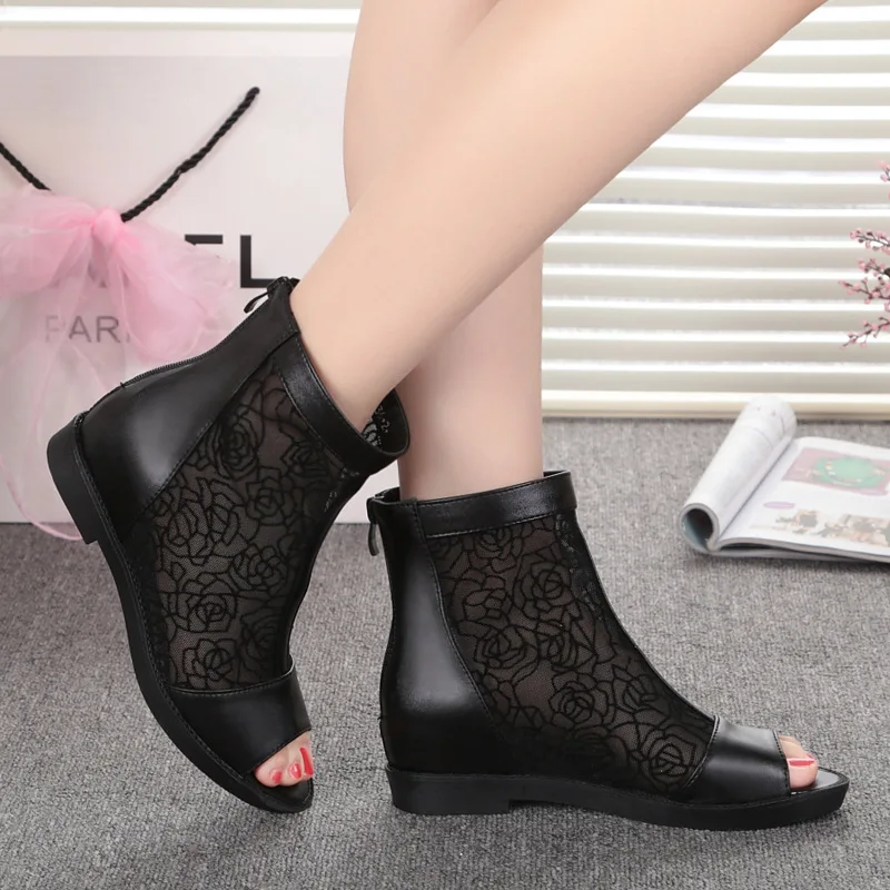 2024 New Summer Women Sandals Fish Head Lace Mesh Shoes Women Shoes Black Genuine Leather Sandals Large Size Shoes Flat Sandals