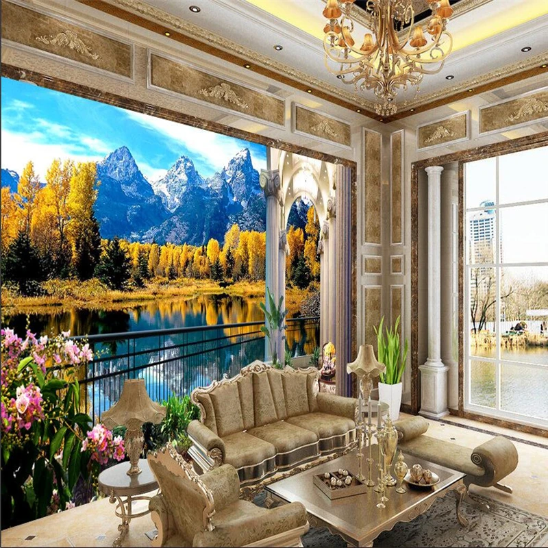 

custom 3d Wall paper Home Decor 3D Balcony Maple Lake Landscape Background Modern Mural wallpaper for Living Room decoration