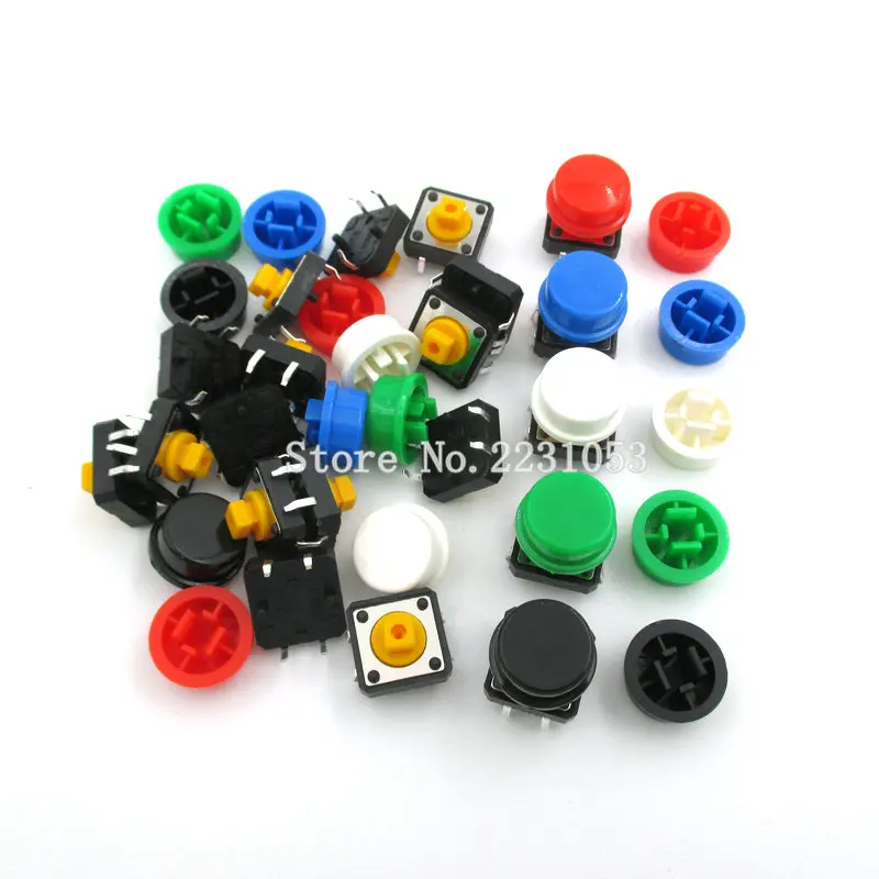 20PCS/set Tactile Push Button Switch Momentary 12*12*7.3MM Micro switch button + (20PCS 5 colors Tact Cap)