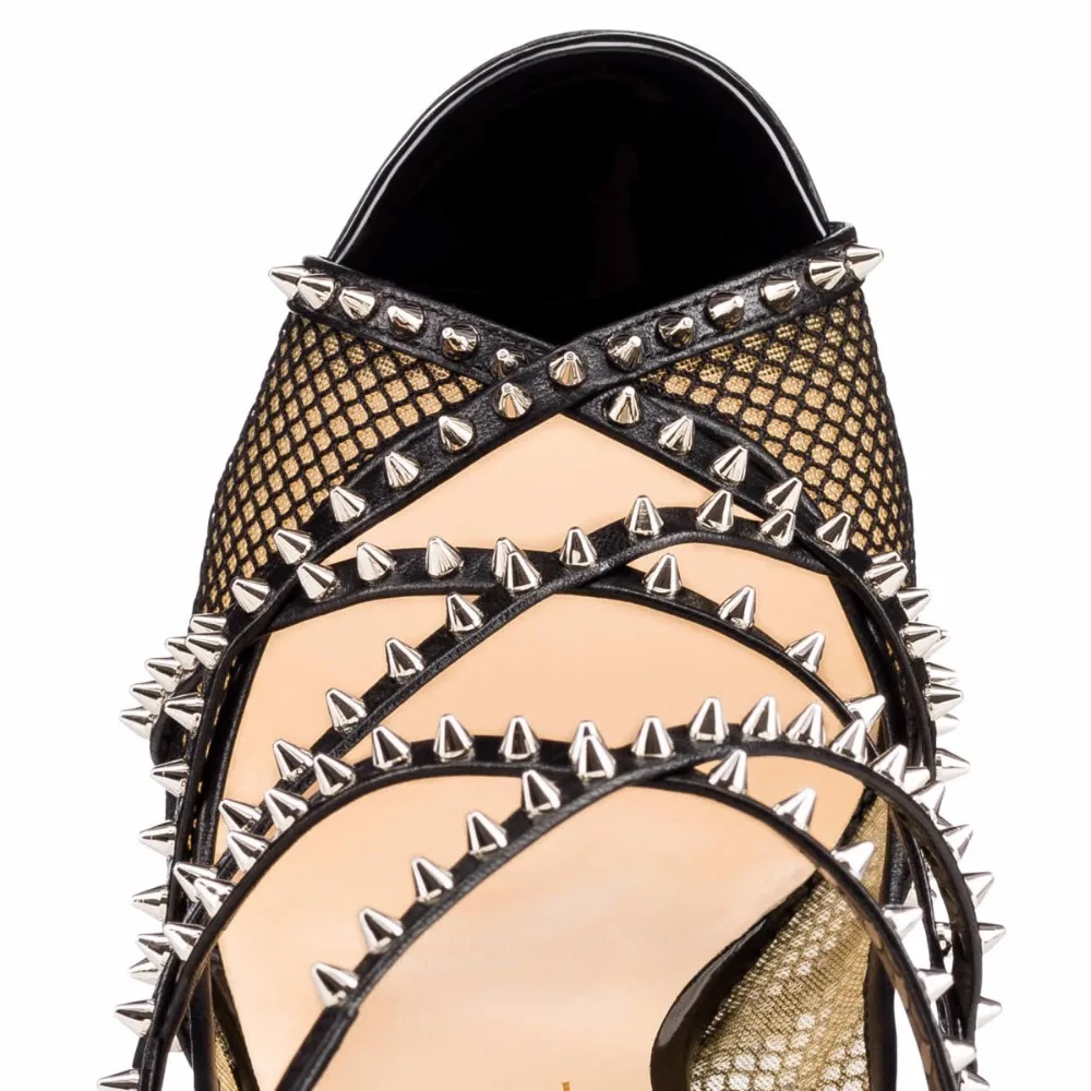 Sexy Black Fishnet High Heels with Spikes 2021 Peep Toe Studded Strappy Mesh Pumps Nude Ladies Stiletto Heel Shoes Large Size