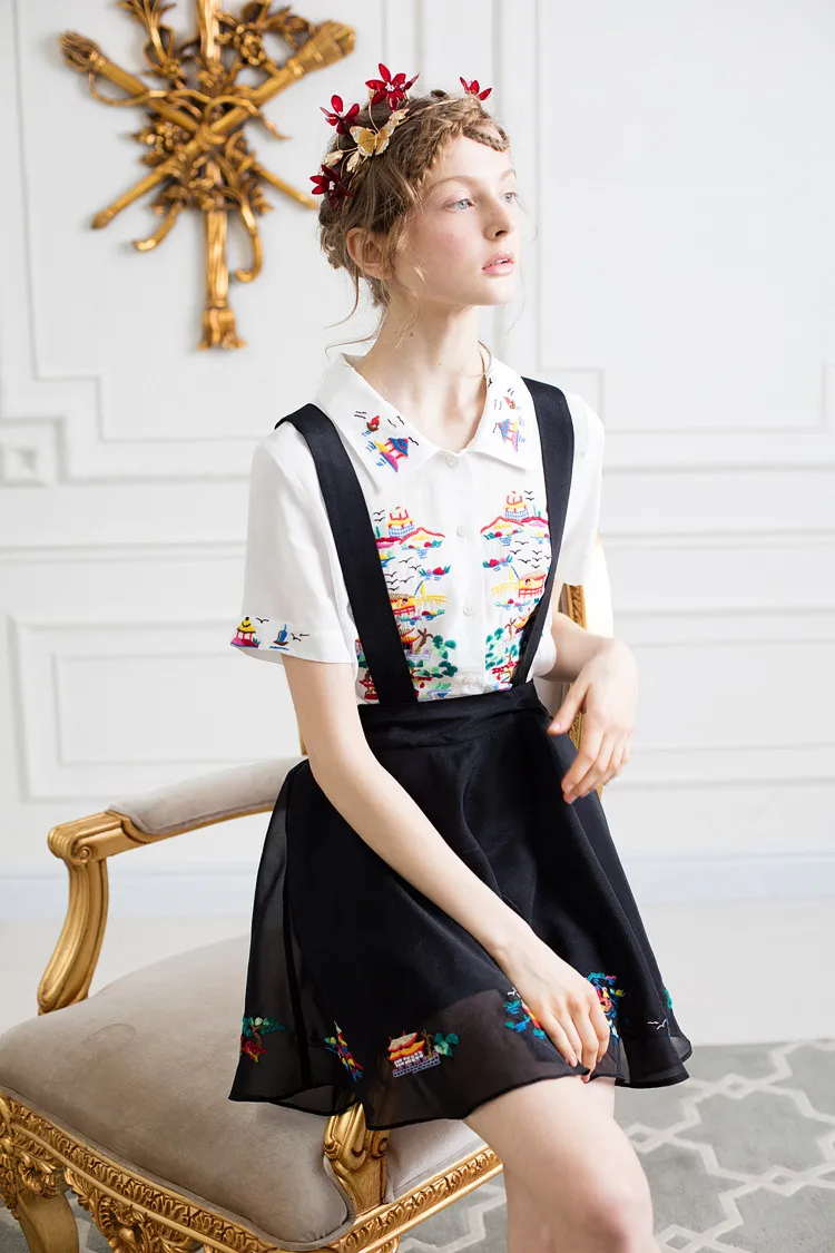 LYNETTE'S CHINOISERIE Spring summer new arrival pine embroidery elegant black organza puff skirt braces skirt